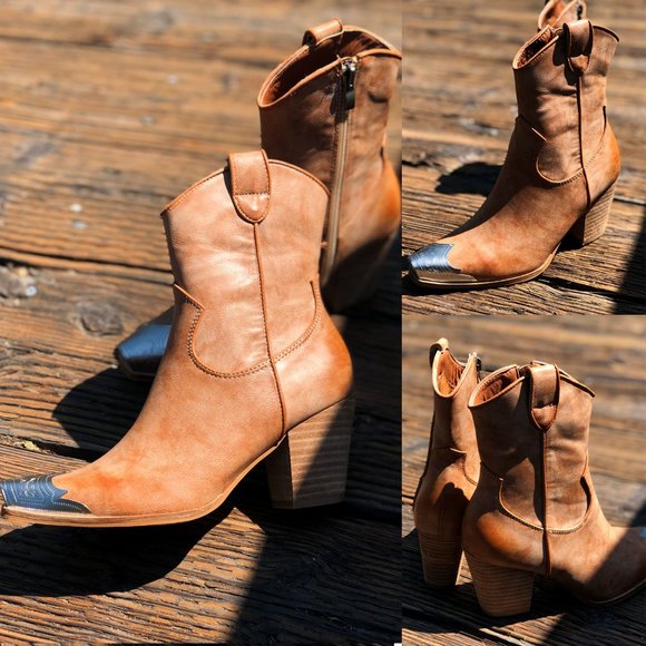 NEW Distressed Nude PU Leather Metal Toe Block Heel Cowgirl Western Ankle Boots - Picture 13 of 15